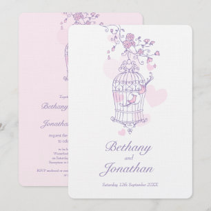 Two pink birds open birdcage hearts wedding invitation