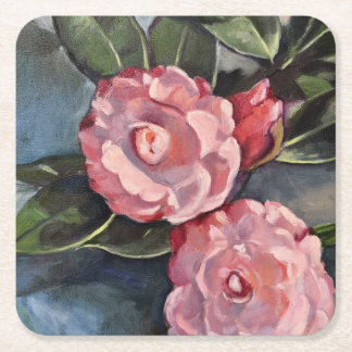 Two Pink Camellias Fine Art Oil Painting Square Paper Coaster