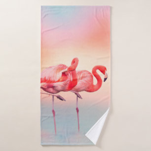 Two Pink flamingos in the water at sunsetflamingo, Bath Towel