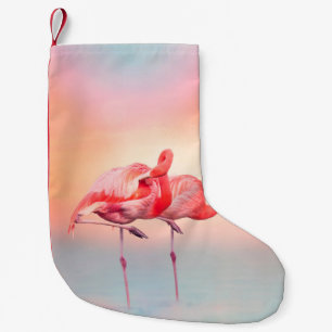 Two Pink flamingos in the water at sunsetflamingo, Small Christmas Stocking