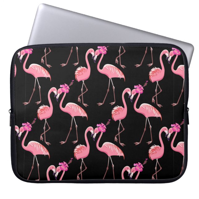 Two pink flamingos on a black background. Seamless Laptop Sleeve (Front)