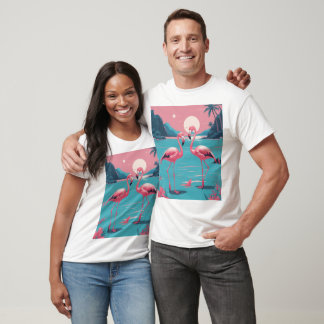 Two Pink Flamingos On The Blue Beach Pink Sunset T-Shirt