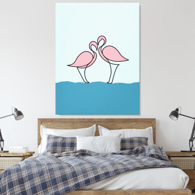 Two Pink Flamingos on the Water Line Drawing Canvas Print (Insitu(Bedroom))