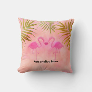 Two Pink Flamingos Tropical Beach Throw Pillow