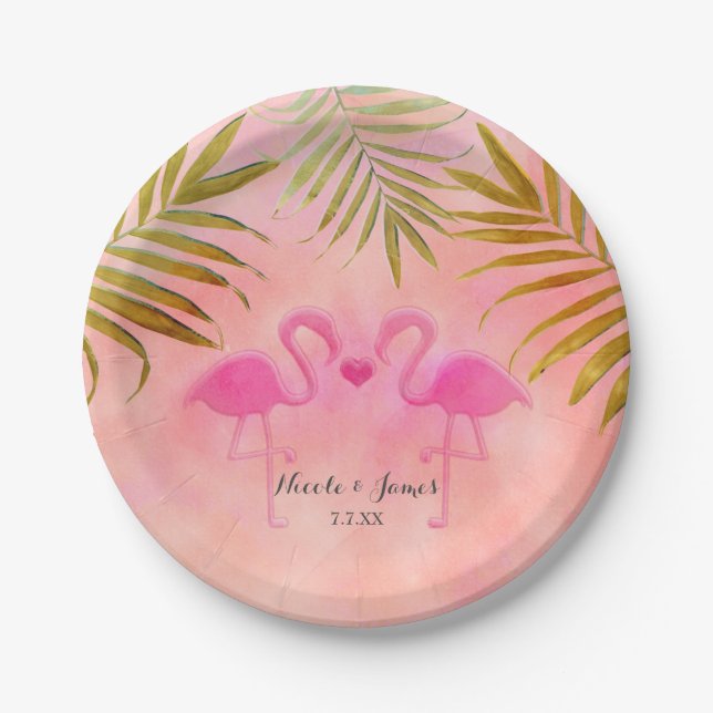 Two Pink Flamingos Watercolor Beach Wedding Plates (Front)