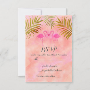 Two Pink Flamingos Watercolor Beach Wedding RSVP Card