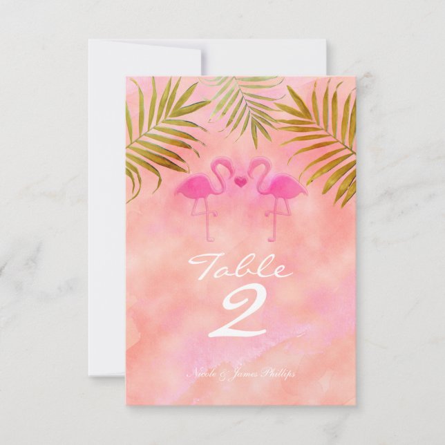 Two Pink Flamingos Watercolor Table Number Card (Front)