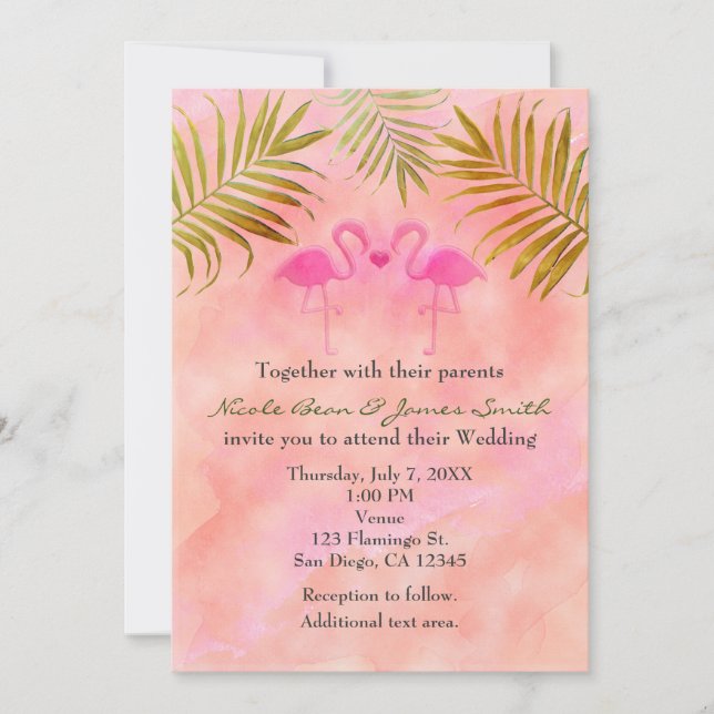 Two Pink Flamingos Watercolor Wedding Invitations (Front)