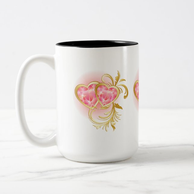 Two Pink Jewelled Hearts Two-Tone Coffee Mug (Left)