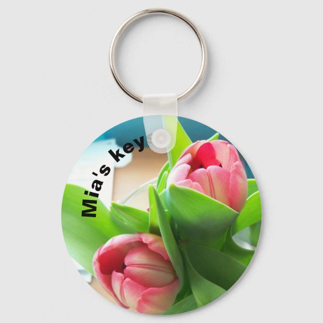 Two pink tulips on a personalised key chain fob (Front)