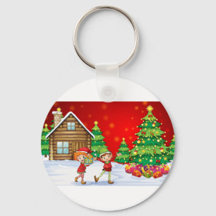 Two playful dwarves near the christmas trees key ring