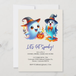 two playful ghosts dressed in witch hat, Halloween Invitation