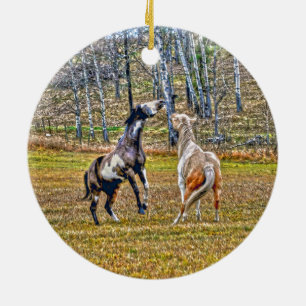 Two Playful Pinto Paint Horses Equine Art Design Ceramic Tree Decoration