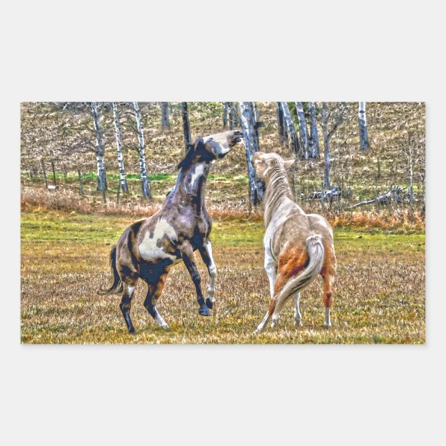 Two Playful Pinto Paint Horses Equine Art Design Rectangular Sticker (Front)