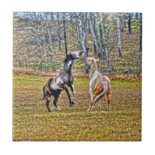Two Playful Pinto Paint Horses Equine Art Design Tile