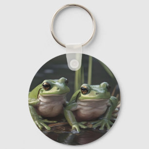 Two Plump Green Frogs At The River, Key Ring