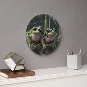 Two Plump Green Frogs At The River, Large Clock