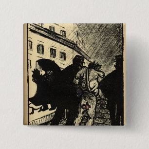 Two policemen take away a tramp dressed in rags 15 cm square badge