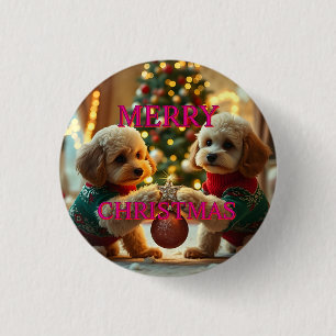 TWO POODLES CELEBRATING CHRISTMAS 3 CM ROUND BADGE