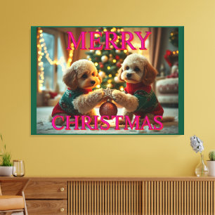 TWO POODLES CELEBRATING CHRISTMAS CANVAS PRINT