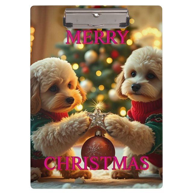 TWO POODLES CELEBRATING CHRISTMAS CLIPBOARD (Front)
