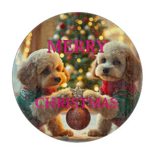 TWO POODLES CELEBRATING CHRISTMAS CUTTING BOARD