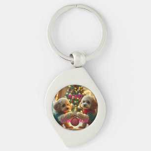 TWO POODLES CELEBRATING CHRISTMAS KEY RING