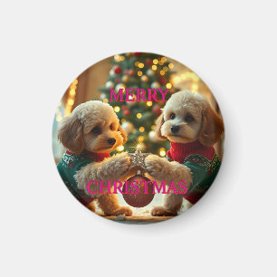 TWO POODLES CELEBRATING CHRISTMAS MAGNET