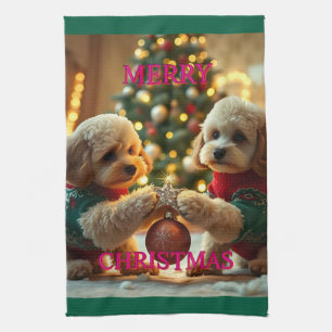 TWO POODLES CELEBRATING CHRISTMAS TEA TOWEL