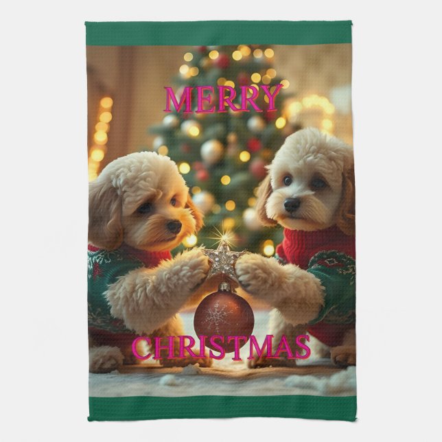 TWO POODLES CELEBRATING CHRISTMAS TEA TOWEL (Vertical)