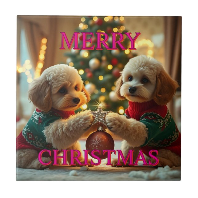 TWO POODLES CELEBRATING CHRISTMAS TILE (Front)