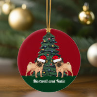 Two Pug Christmas Dogs in Santa Hat Cute Custom