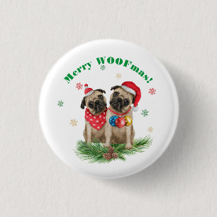Two Pug Dogs in Santa Hats - Merry WOOFmas! 3 Cm Round Badge