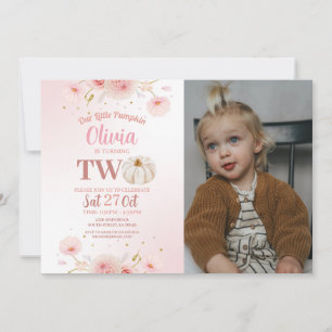 Two Pumpkin Girls Pink Birthday Party Fall Photo Invitation