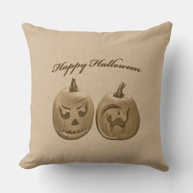 Two Pumpkins Happy Halloween Cushion (Front)