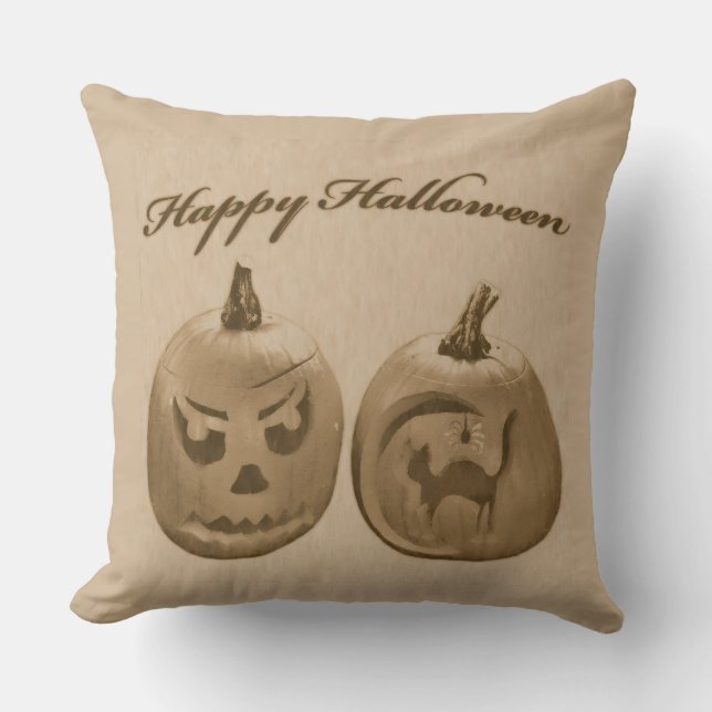 Two Pumpkins Happy Halloween Cushion (Front)
