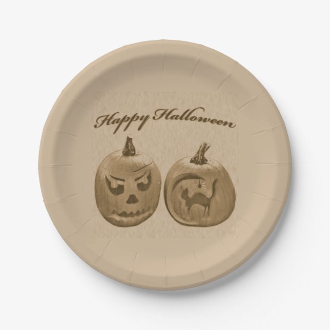 Two Pumpkins Happy Halloween Paper Plate (Front)