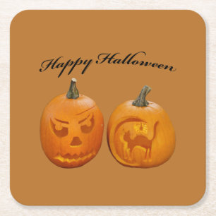 Two Pumpkins Happy Halloween Square Paper Coaster