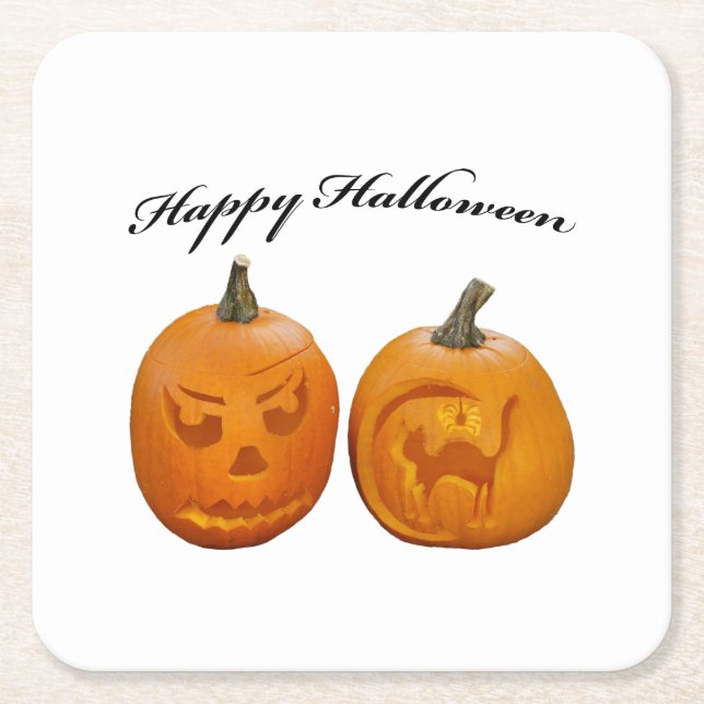 Two Pumpkins Happy Halloween Square Paper Coaster (Front)