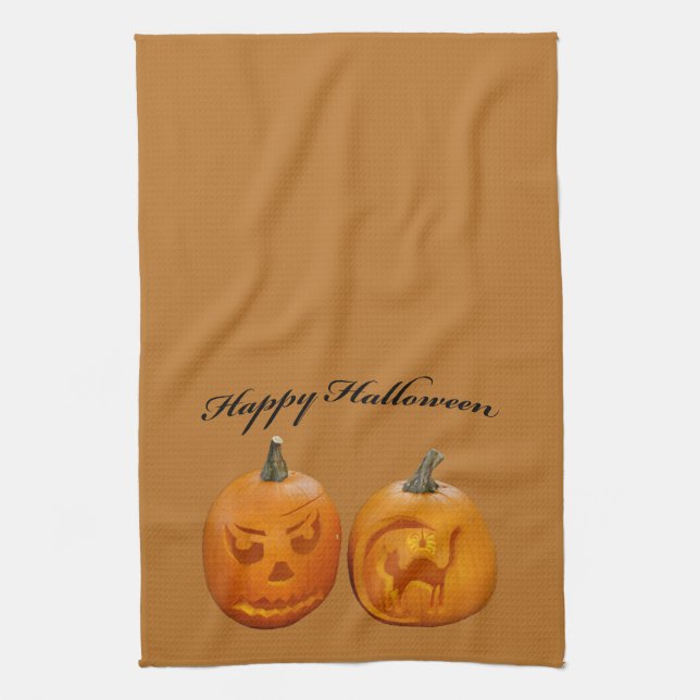 Two Pumpkins Happy Halloween Tea Towel (Vertical)
