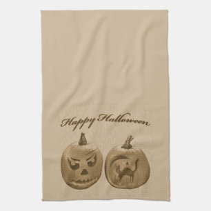 Two Pumpkins Happy Halloween Tea Towel
