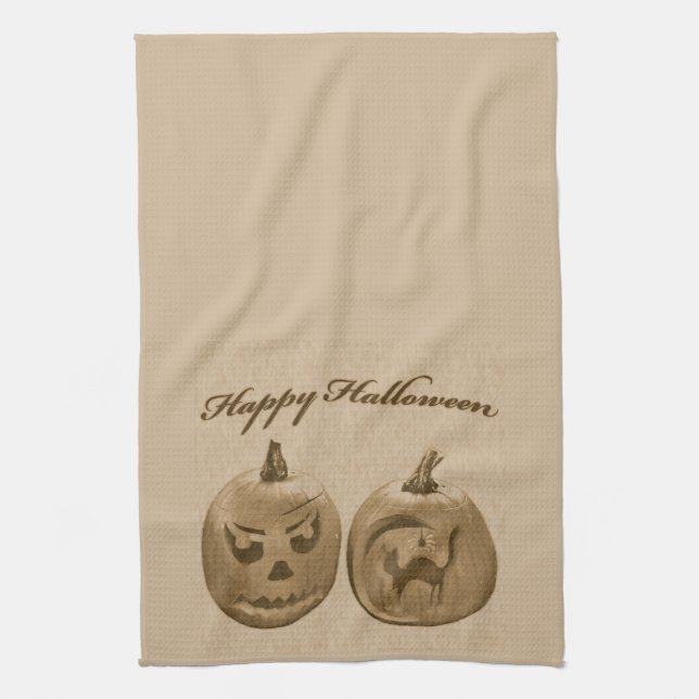 Two Pumpkins Happy Halloween Tea Towel (Vertical)