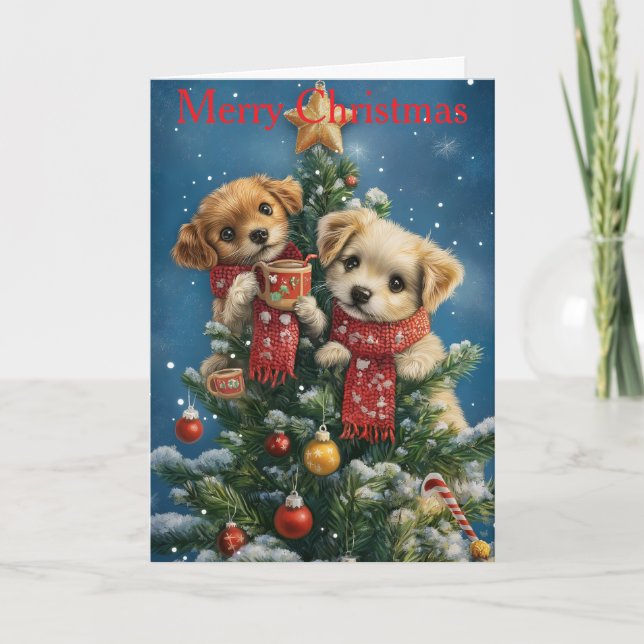 Two Puppies at Christmas Holiday Card (Front)