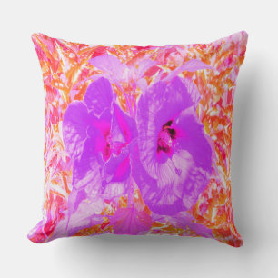 Two Purple and Hot Pink Plum Crazy Hibiscus on Red Cushion