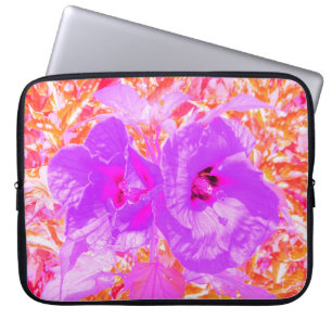 Two Purple and Hot Pink Plum Crazy Hibiscus on Red Laptop Sleeve