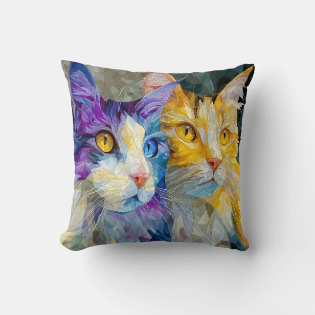 Two Purple and Yellow Cats Cushion (Front)
