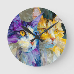 Two Purple and Yellow Cats Round Clock
