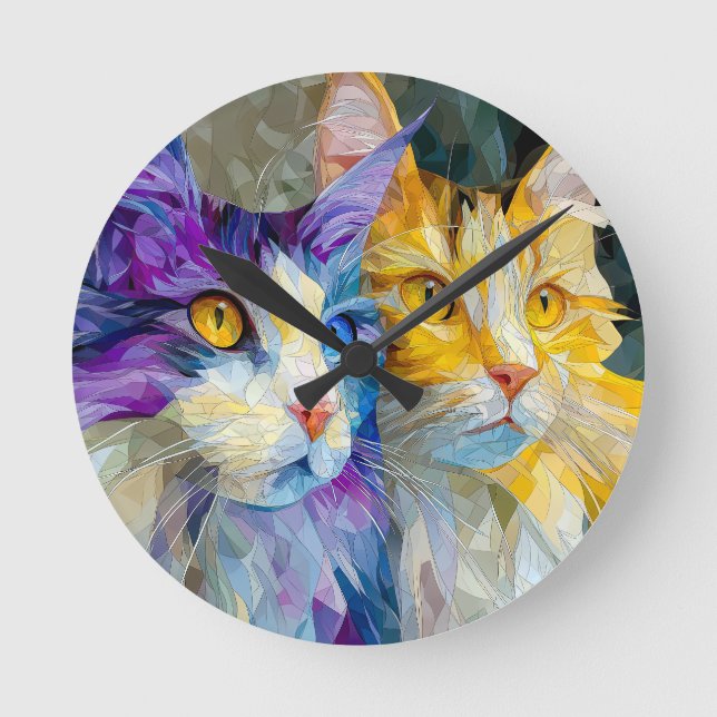Two Purple and Yellow Cats Round Clock (Front)