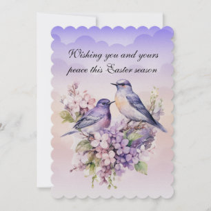 Two Purple Birds In Spring Flowers Easter Holiday Card