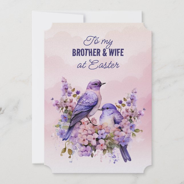 Two Purple Birds Spring Flowers Brother WifeEaster Holiday Card (Front)
